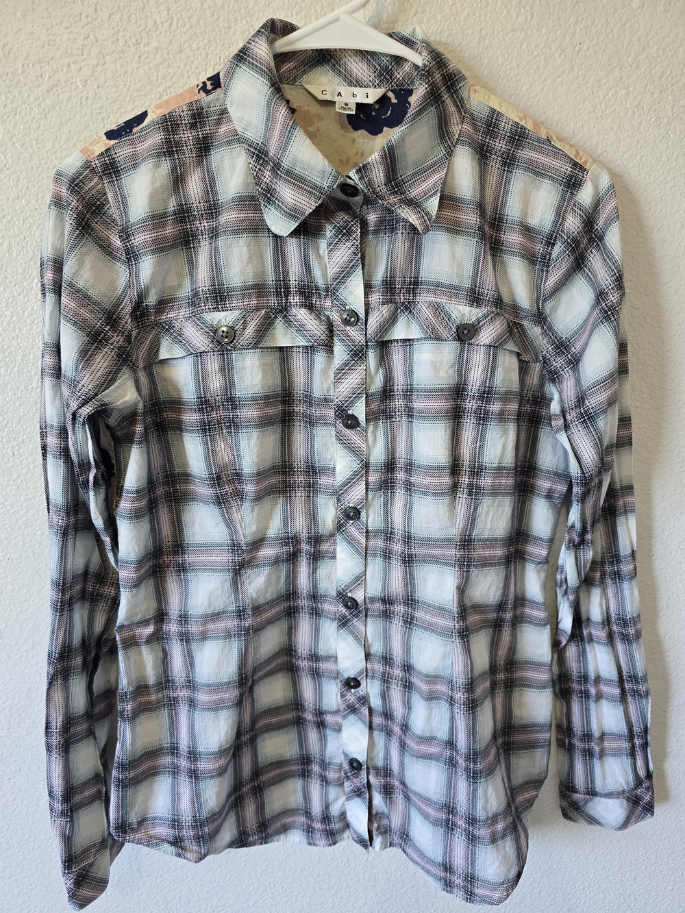 Cabi Festival Button Down Shirt Mixed Print Plaid Floral Size Small